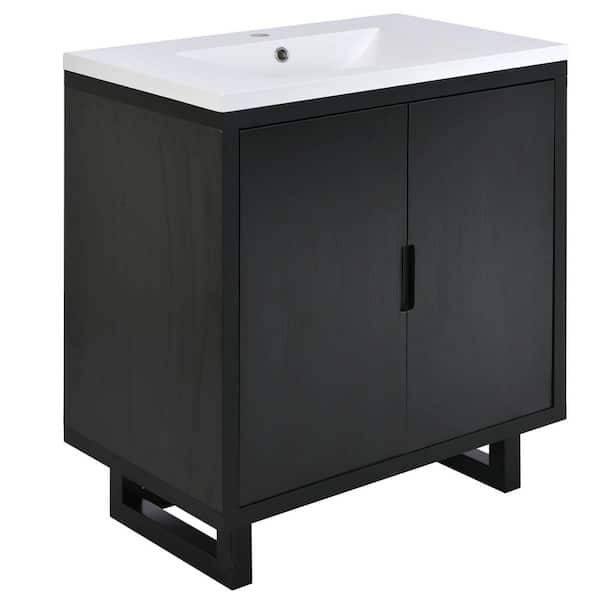 Black 29.5" W x 18.1" D x 35.1" H Bathroom Vanity with Single Sink Storage Cabinet Solid Wood Frame