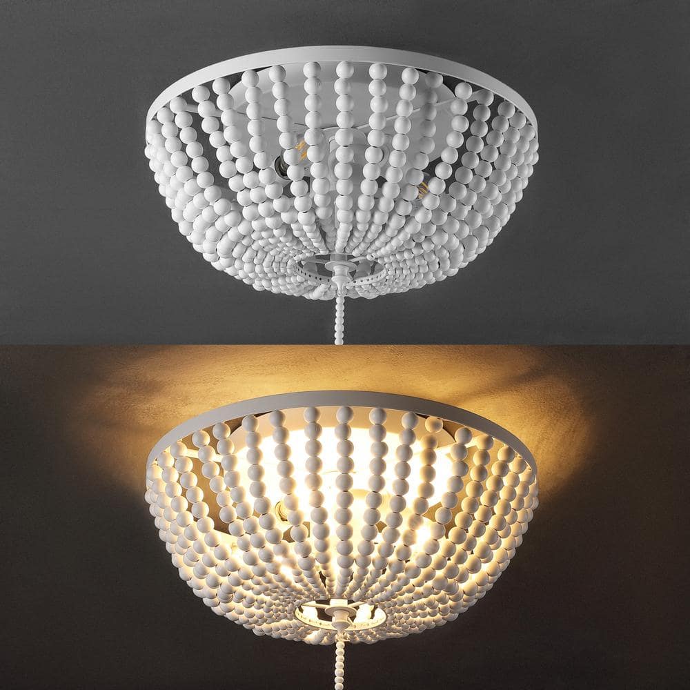 Allison 15" White Wood Beaded LED Flush Mount Light