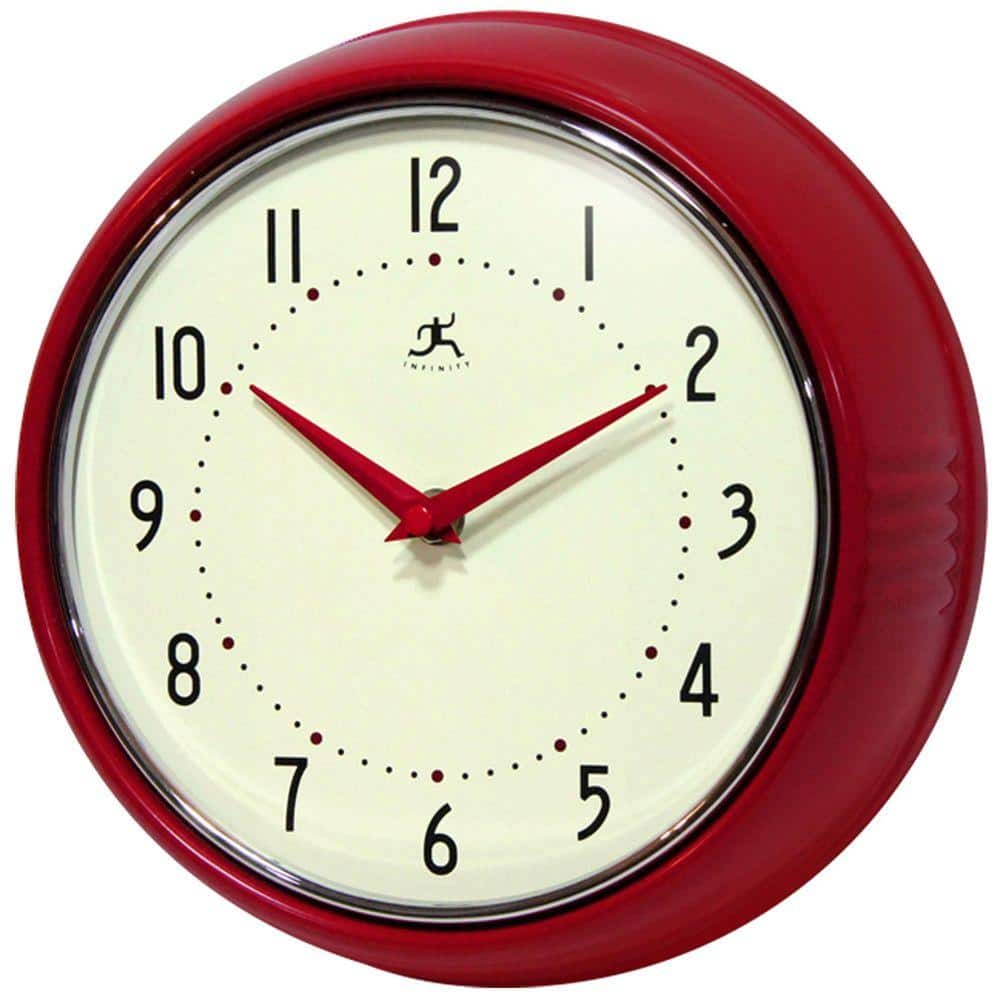 Infinity Instruments 9 1 2 In Red Retro Round Metal Wall Clock 10940 Red The Home Depot