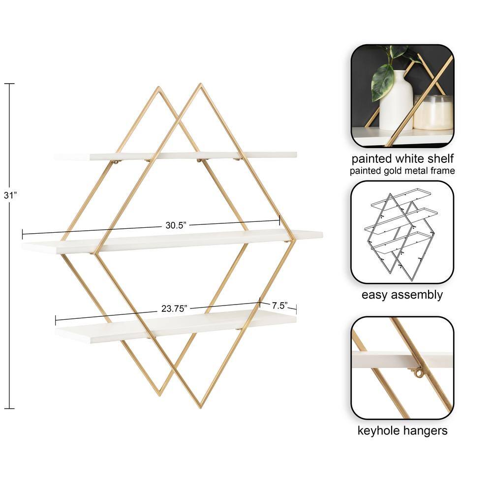 White and Gold Diamond Floating Wall Shelf with Wooden Accents
