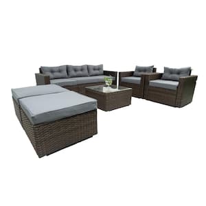 Brown 6-Piece Patio PE Rattan Wicker Outdoor Furniture Conversation Sofa Set with Gray Cushions & Temper Glass Tabletop