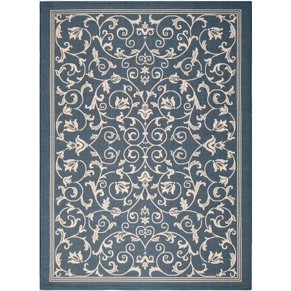 Courtyard Navy/Beige 8 ft. x 11 ft. Border Indoor/Outdoor Patio Area Rug
