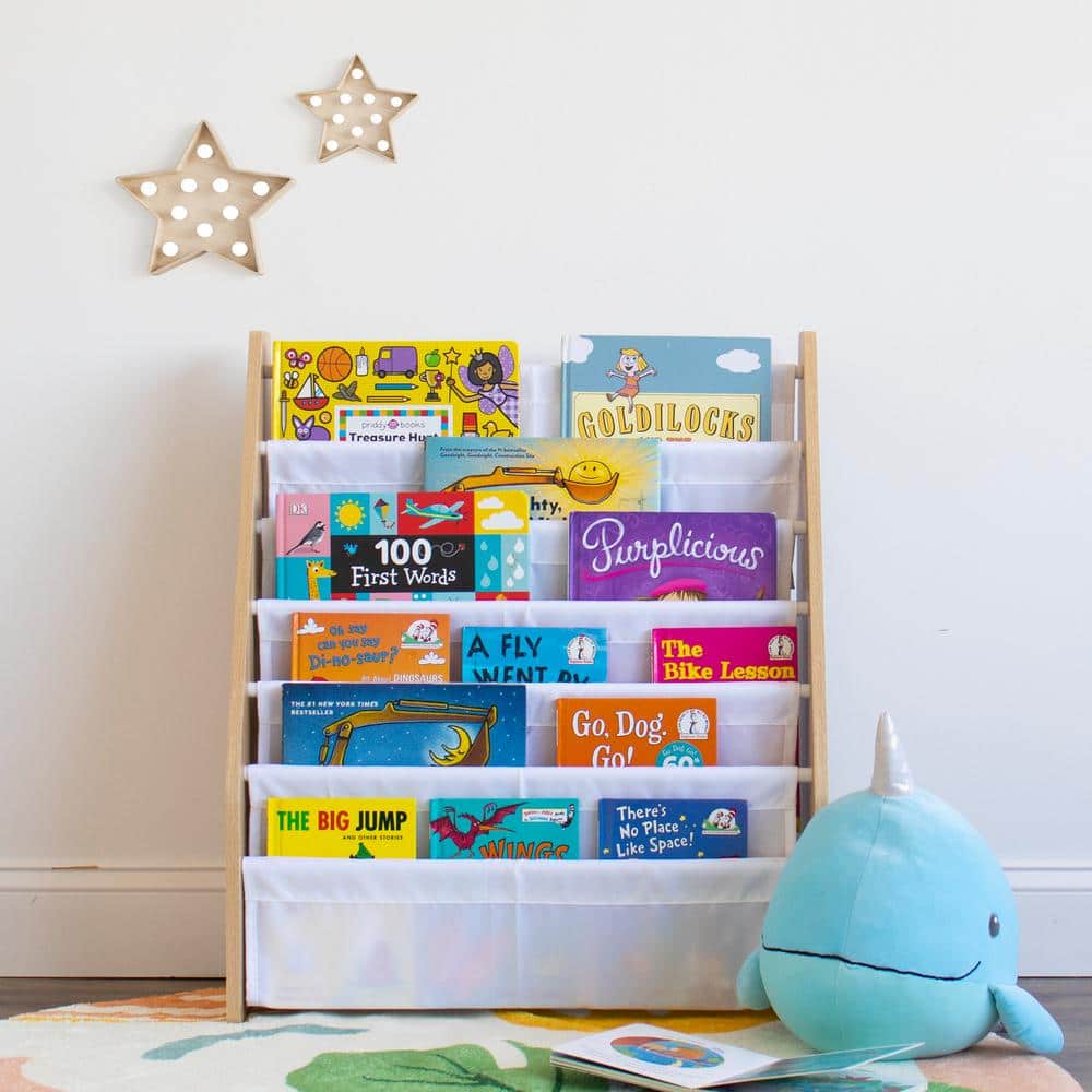 Kids' White and Natural 6-Tier Fabric Book Rack