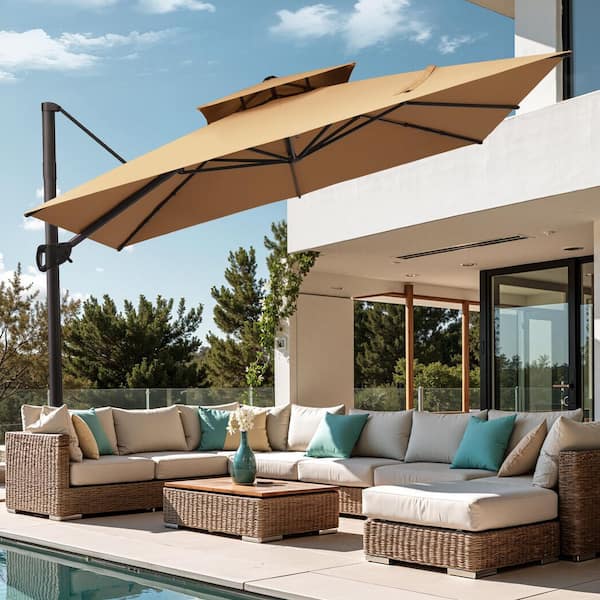 double vented patio umbrella with tilt in tan beige natural Topbuy Garden Home Auto-Tilt Patio Market Umbrella, Outdoor 3-Tier, Dual  Vented, Tan