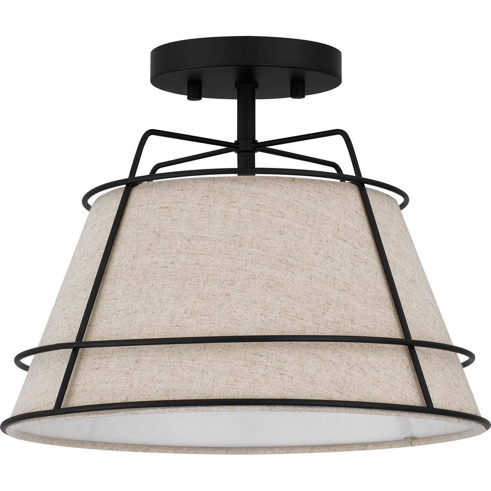 Matte Black and Linen Drum Semi-Flush Mount Light