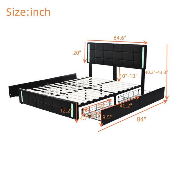 King Bed Frame with 4 Storage Drawers, Platform Bed with Charged