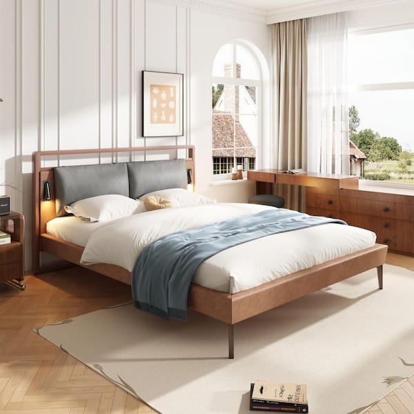 CHRISTOPHER KNIGHT HOME Urban Modern Brown and Grey PU Leather Upholstered Wood Frame Full Size Platform Bed with Headboard, Lights