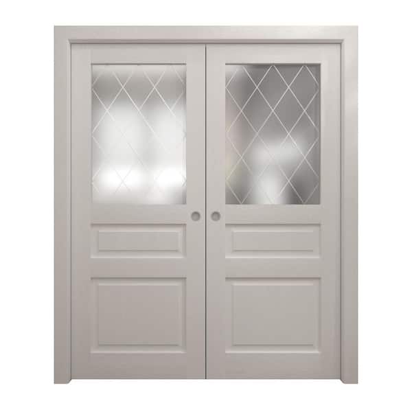36 in. x 80 in. Frosted Glass Painted White Oak Solid Wood Double Pocket Doors With Hardware