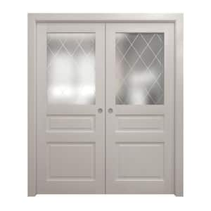 60 in. x 84 in. Frosted Glass Painted White Oak Solid Wood Double Pocket Doors With Hardware