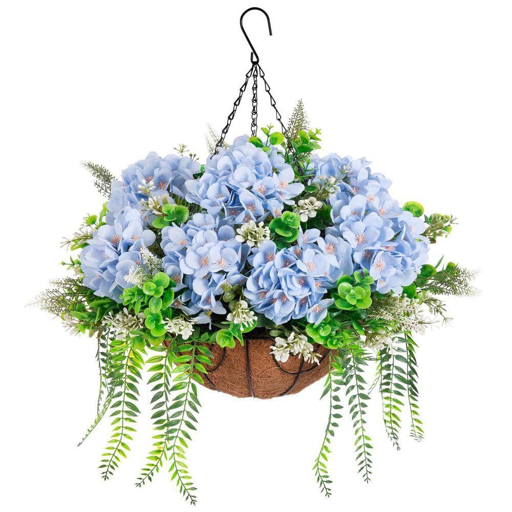 21.3 in. Blue Outdoor Artificial Hydrangea Flower in Basket Garden