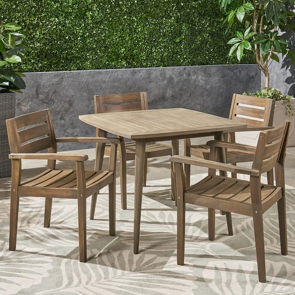 Noble House Stamford Grey 5-Piece Wood Square Outdoor Dining Set with ...
