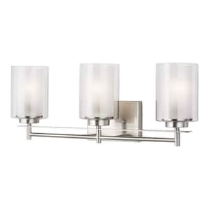 Elmwood Park 22.25 in. 3-Light Brushed Nickel Modern Transitional Bathroom Vanity Light with Satin Glass and LED Bulbs