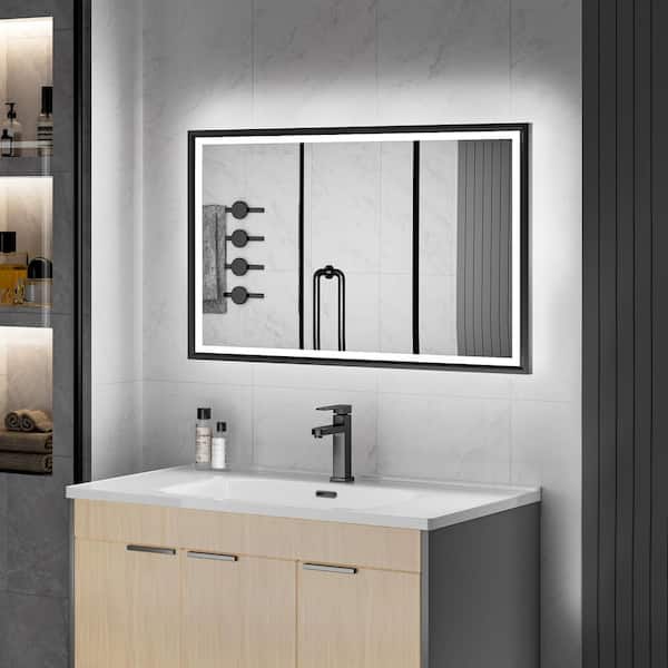 Simple Project 36 in. W x 24 in. H Rectangular Framed Anti-Fog LED Wall Bathroom Vanity Mirror in Black