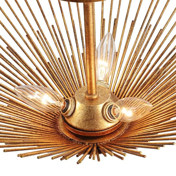 dugudagii Condensed phase 17 ドゥグダギ HUOKU Dopul 3-Light 17 in.W Distressed Gold Semi-Flush Mount Cone