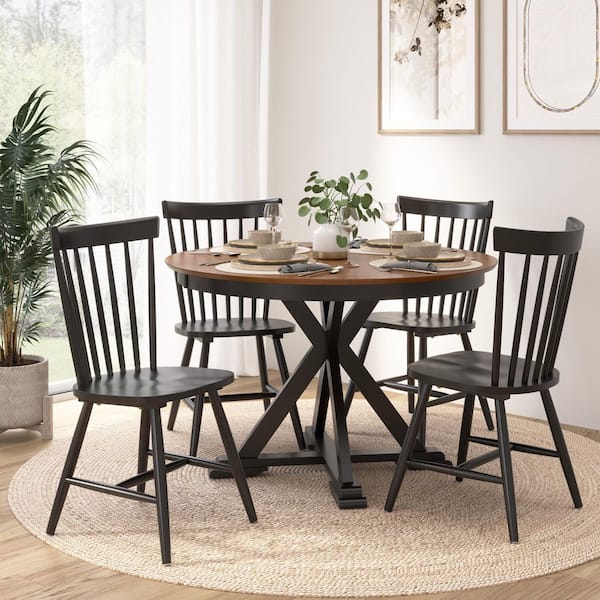 West End Round Trestle Dining Table with 4 High Back Spindle Dining Chairs in Burnished Medium Brown/Black Paint