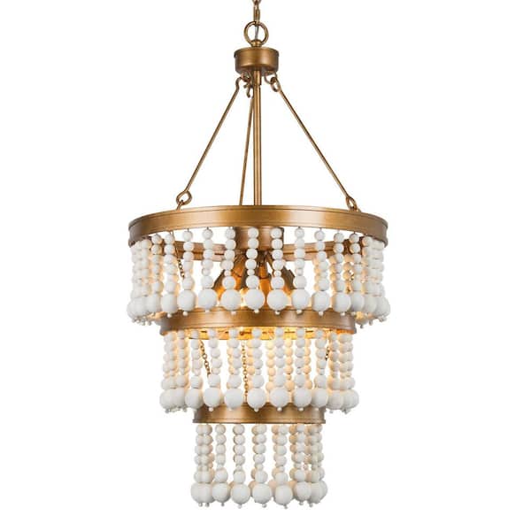 6-Light Antique Gold Chandelier with White Wood Beads