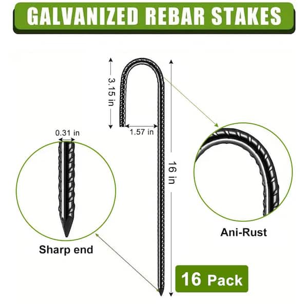0.3 in. x 16 in. Rebar Stakes J Hook Extra Heavy-Duty, Garden Stake Steel Stakes Tent Stakes (16-Pack)