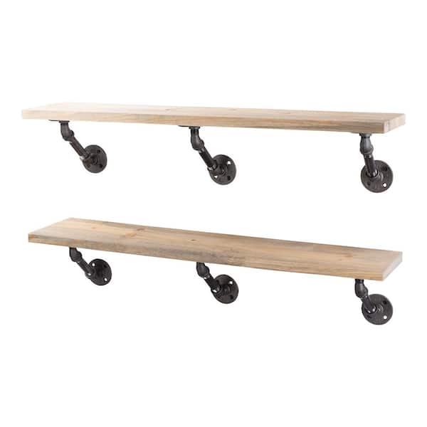 PIPE DECOR 36 in. x 7.5 in. x 6.75 in. Driftwood Tan Restore Wood Decorative Wall Shelf with Industrial Steel Pipe Brackets