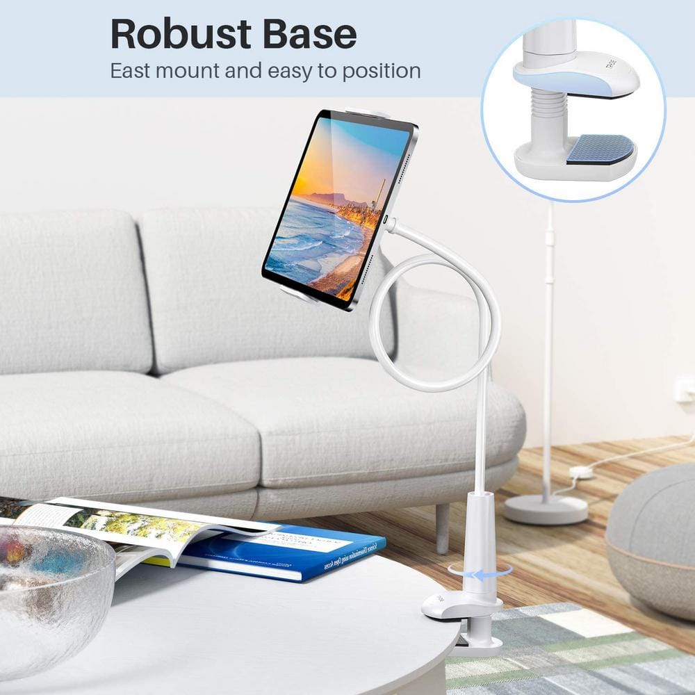 White Adjustable Clip-On Tablet Mount with Twist-Lock Grip