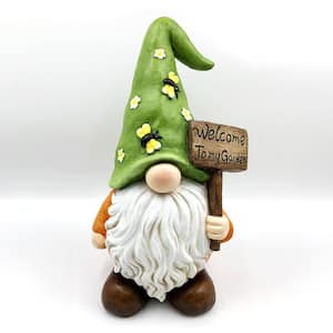 Magnesium Garden Gnome Holding Wooden Sign with Green Flower Hat