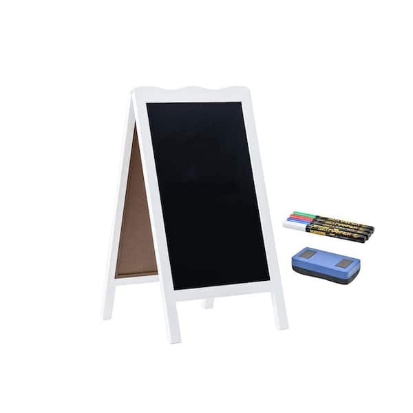 Double Sided Standing Magnetic Chalkboard Sign A-Frame Real Wood Frame Metal Board with Chalk Markers White