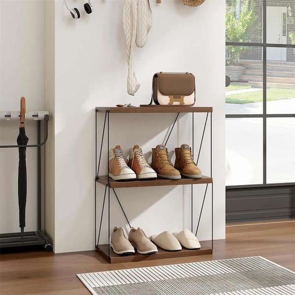 32.5 in. Tall Walnut Metal Frame 3-Shelf Multipurpose Display Rack Bookcase