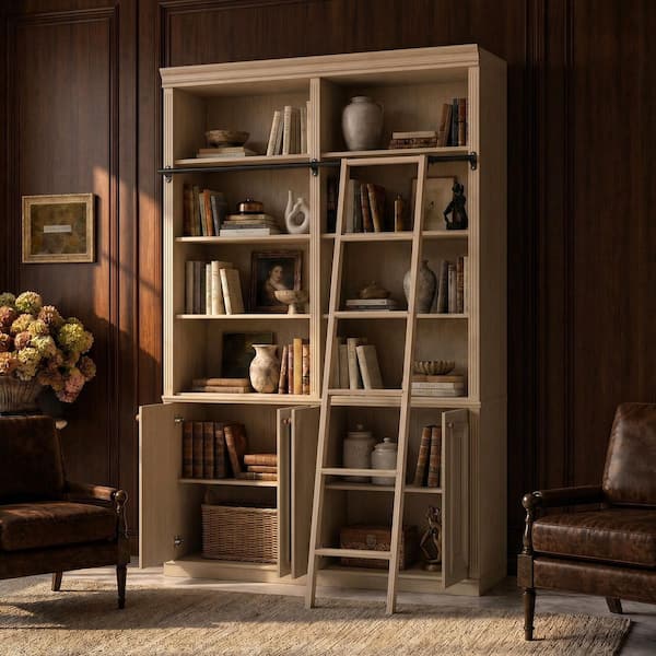 97.6 in. Tall Brown Wood 12-Shelf Ladder Bookcase with Lower Cabinet Storage, Sliding Ladder For Living Room Usage