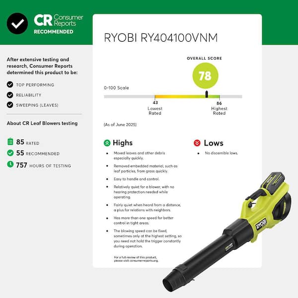 RYOBI 40V HP Brushless Whisper Series 190 MPH 730 CFM Cordless