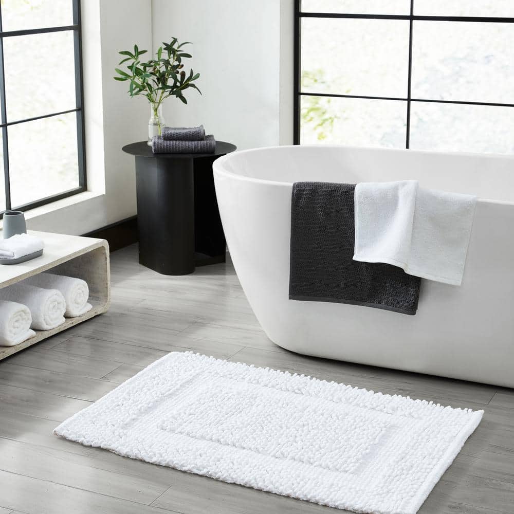 Sophie Border White Cotton Chenille Non-Slip Bath Mat 27" x 45"