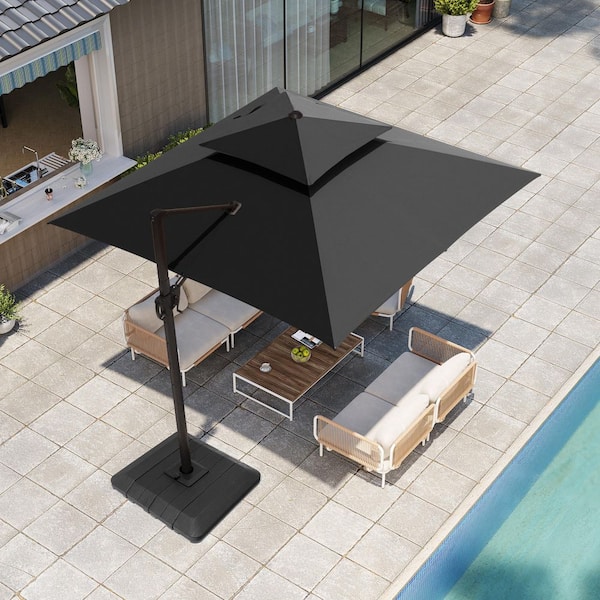 10.5 ft. Aluminium Square 360° Rotation Offset Cantilever Patio Umbrella in Black and Stand Fillable Base