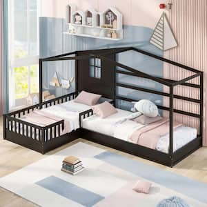Espresso Twin Kids Platform Bed with House Roof Twin Wood House Bed with Guardrail L-Shaped 2-Kids Beds