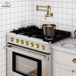 1.8 GPM Wall Mounted Mount Pot Filler Kitchen Faucet with Folding Stretchable Double Joint Swing Arms in Brushed Gold