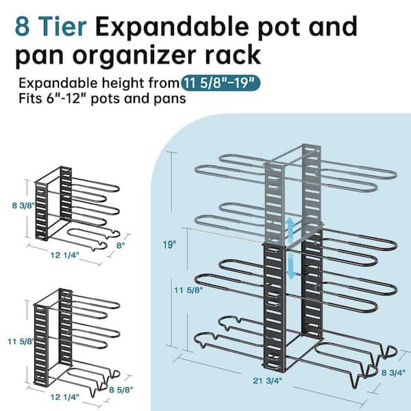 8-Tier Adjustable Pots and Pans Organizer with Expandable Height for Cabinet Kitchen Organization and Storage (1-Pack)