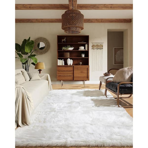 White 5 ft. x 7 ft. Fluffy Fuzzy Faux Sheepskin Fur Rug Area Rug