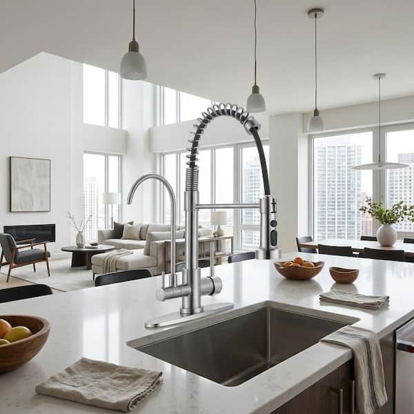Brushed Nickel Dual-Handle 18 in. H Pull Down Sprayer Kitchen Faucet with Drinking Water Filler and 360° 3-Mode Spout