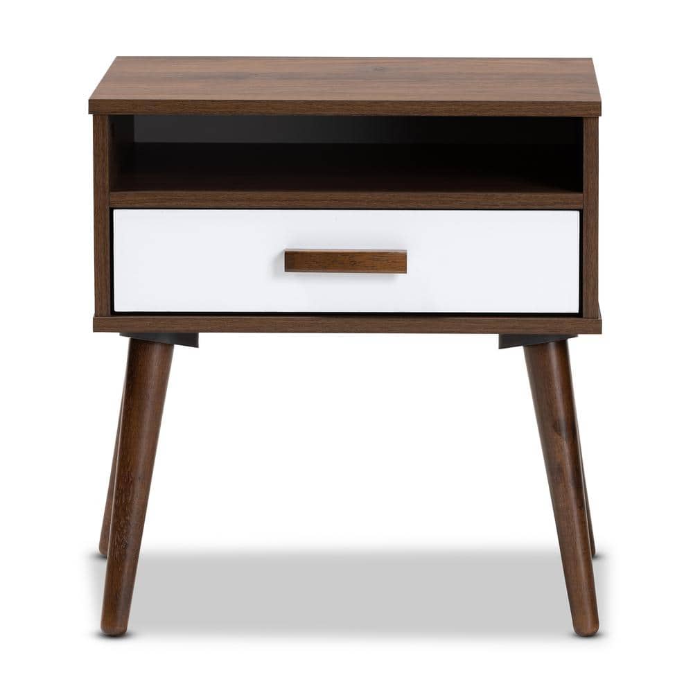 Walnut and White 22" Wood End Table with Storage Drawer