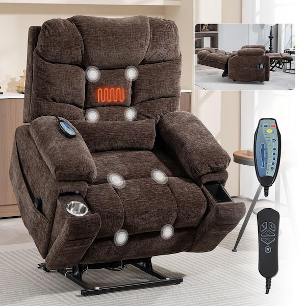 Functional Oversized Comfort Chenille Power Lift Recliner with Wireless Charging, Cup Holder, Massage and Heating-Brown