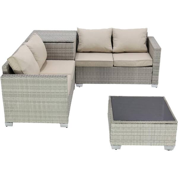Sudzendf Gray Wicker Outdoor Sofa Sectional Set with Beige Cushions (4-Piece)