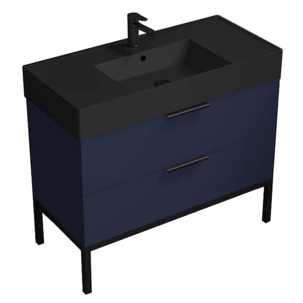 Derin 39.53 in. W x 18.11 in. D x 34.65 in. H Floor Standing Bath Vanity in Navy Blue with Matte Black Ceramic Top