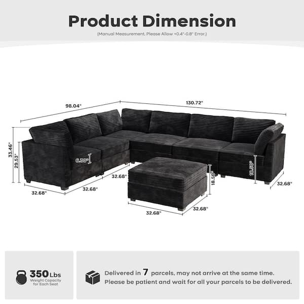 Allwex 130 in. Square Arm Modern 7-Piece Plush Corduroy L-Shape