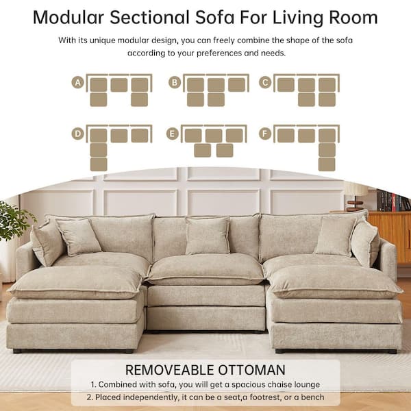 GOJANE Square Arm U-Shaped Chenille Modular Sectional Sofa - Thumbnail 5