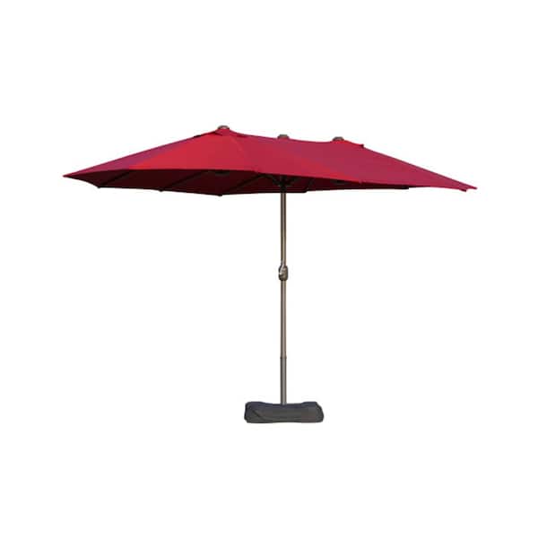 ITOPFOX 15 ft. Outdoor Steel Rectangular Double Sided Market Patio Umbrella with Base and Easy Crank in Red