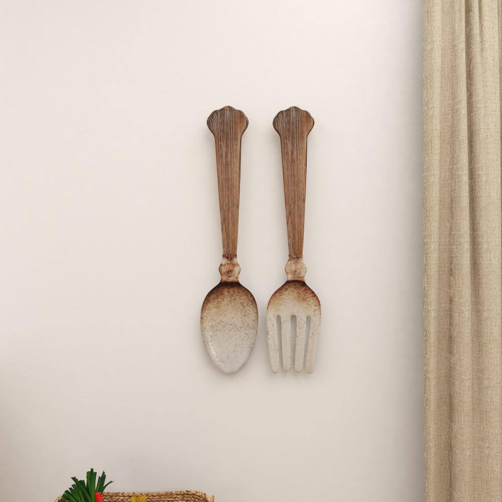 Large Brown and Silver Metal Spoon and Fork Wall Decor Set