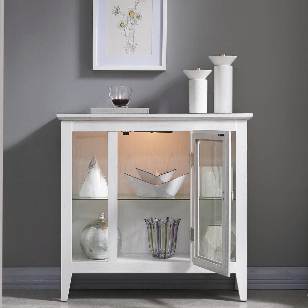 Weathered White Lighted Wood Curio Cabinet with Glass Shelves