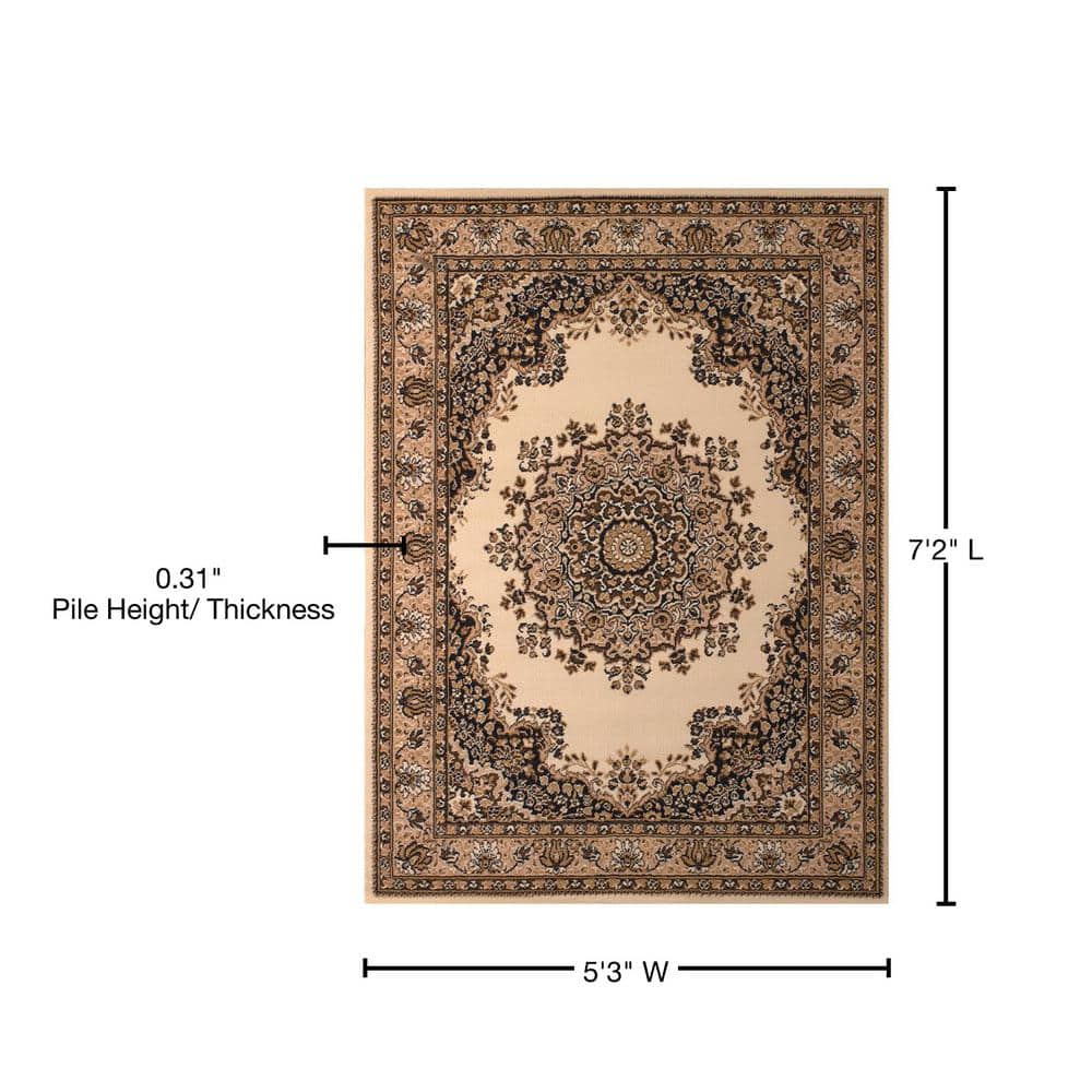Ivory and Brown Synthetic Rectangular 5' x 7' Area Rug
