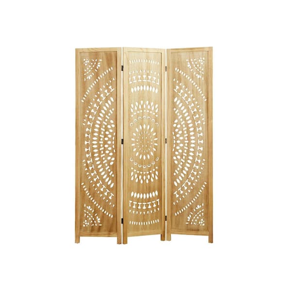 67 in. Natural 3-Panels Folding Freestanding Room Divider, Wood Carved Privacy Screens for Bedroom Home Office