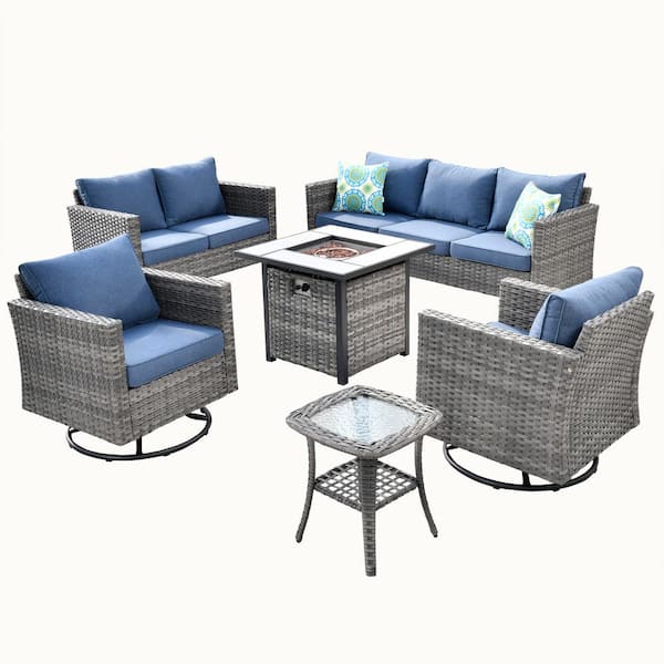 XIZZI Metis 10-Piece Wicker Outdoor Patio Fire Pit Sectional Sofa Set and  with Navy Blue Cushions and Swivel Rocking Chairs FPYZBR70-NB - The Home  Depot
