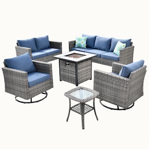 Michigan 6-Piece Wicker Outdoor Patio Fire Pit Seating Sofa Set and with Denim Blue Cushions and Swivel Rocking Chairs