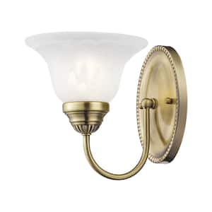 Bodenham 7 in. 1-Light Antique Brass Wall Sconce with White Alabaster Glass