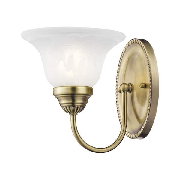 AVIANCE LIGHTING Bodenham 7 in. 1-Light Antique Brass Wall Sconce with White Alabaster Glass